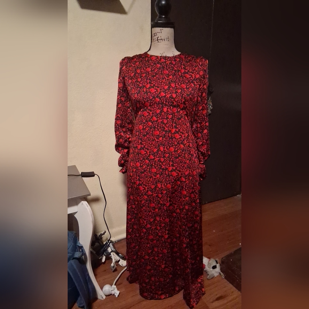 Express Red and Black Floral Long Sleeve Dress